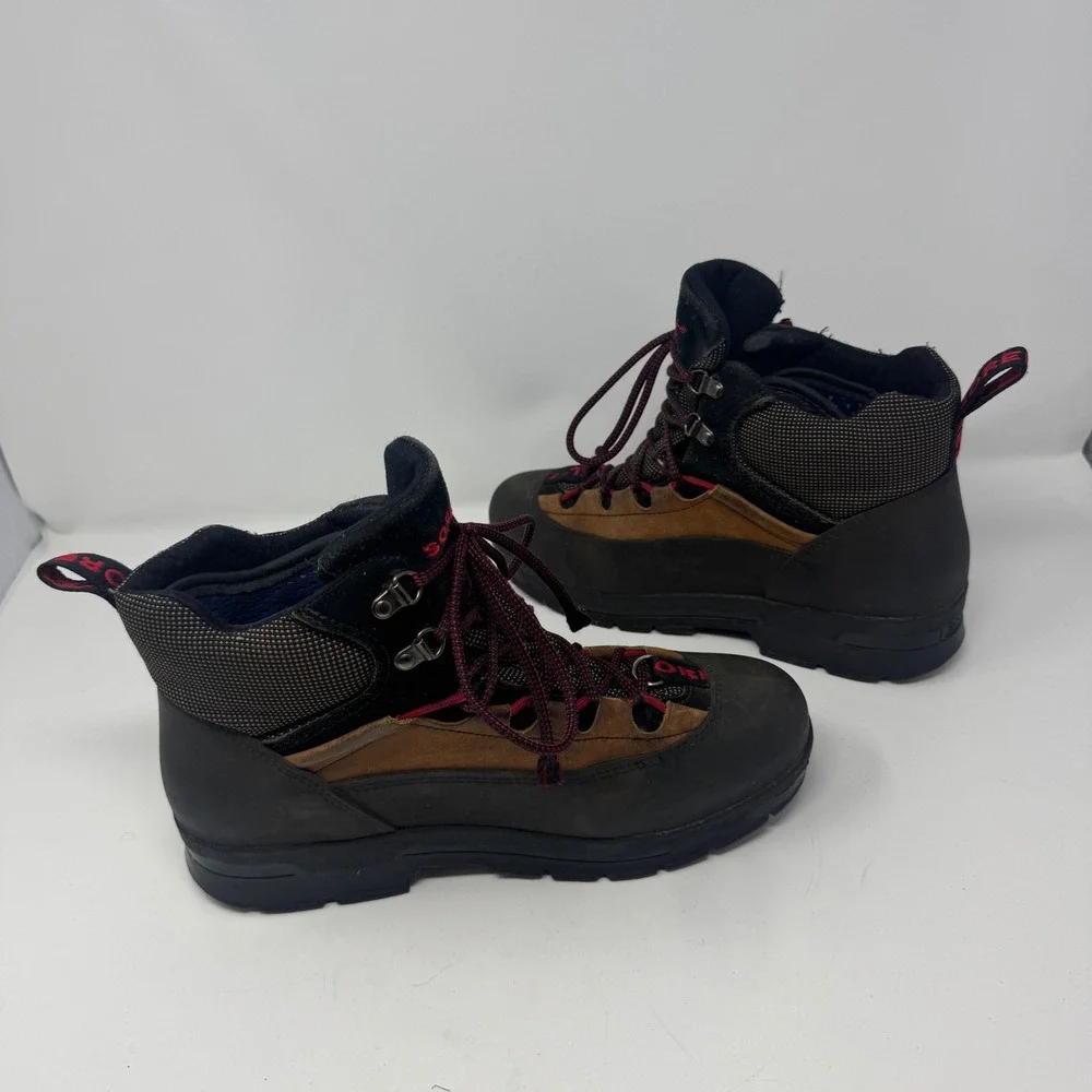 Sorel Caribou Mens Leather Hiking Brown Black Red Lace Up Size 10 Wide Boots